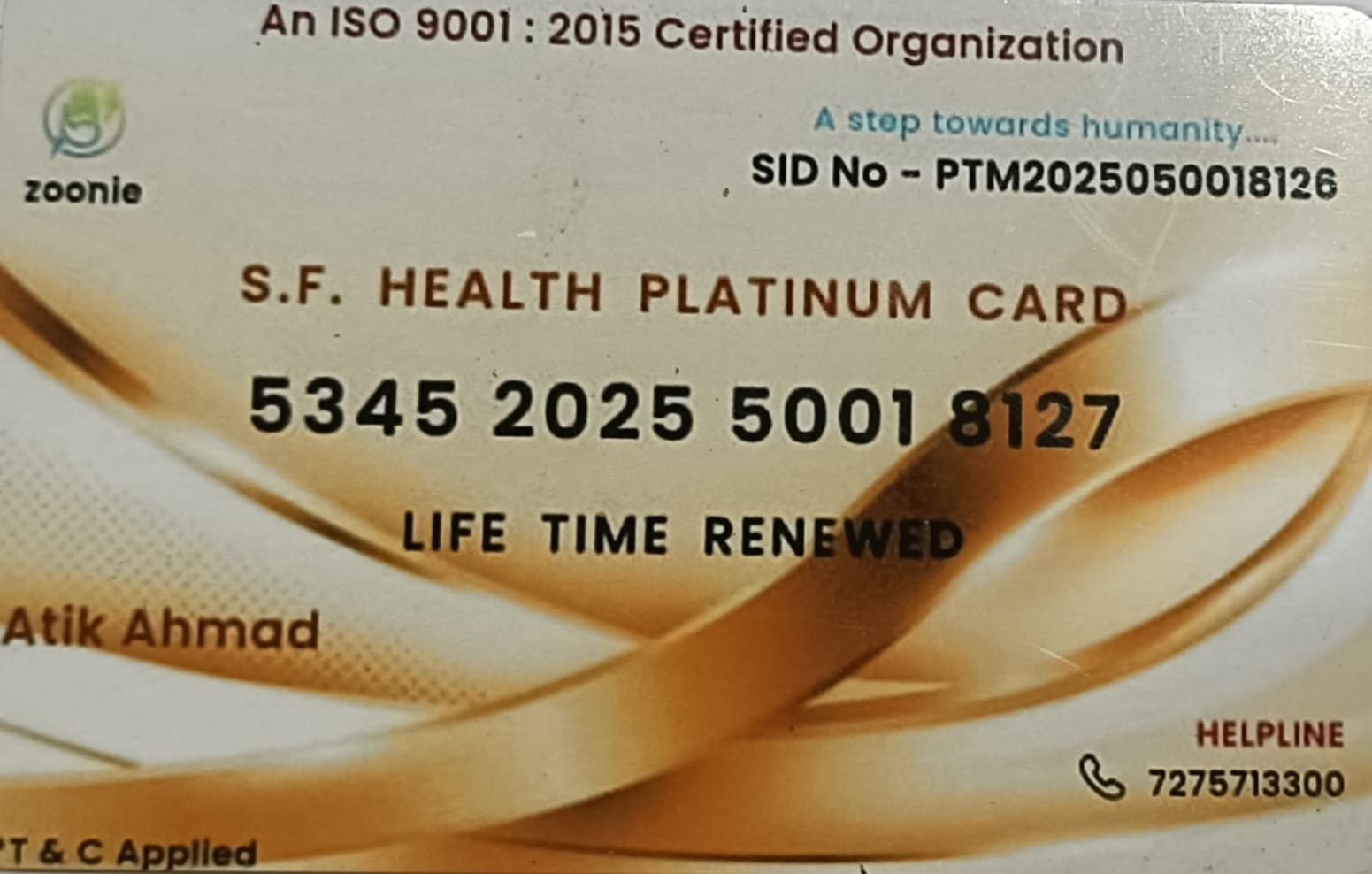 S.F. Health Platinum Card Front