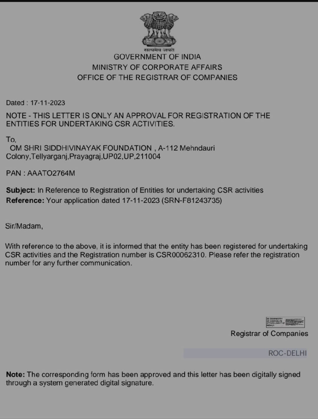 CSR Registration Certificate